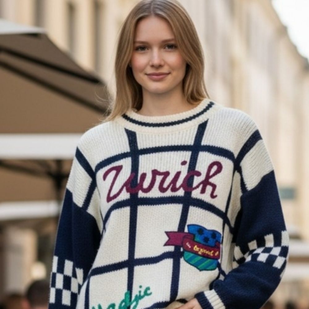 "Zurich" Preppy Korean Graphic Patches Cream and Black Heavy Sweater